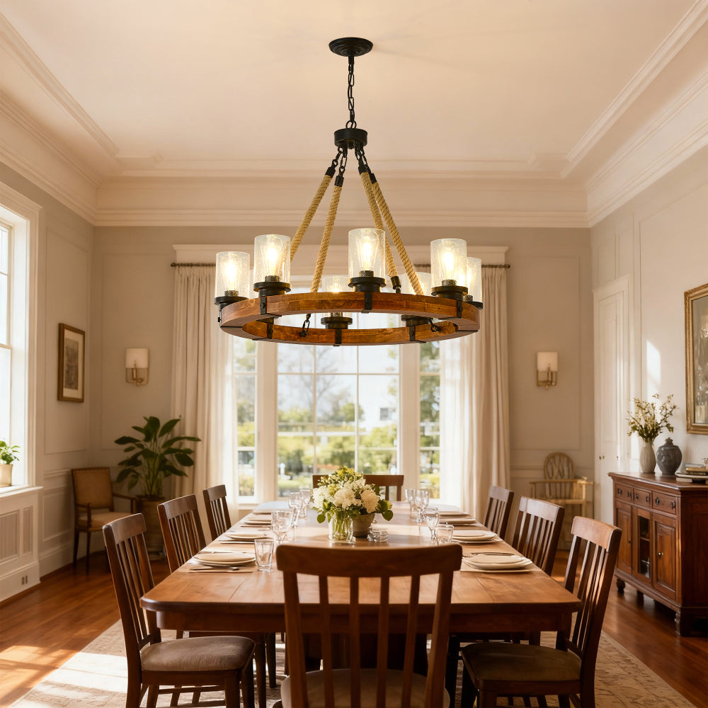 Rustic Wagon Wheel Chandelier | Wood Frame & Seeded Glass, Farmhouse Industrial Pendant — Available in 6/8/12/18-Light