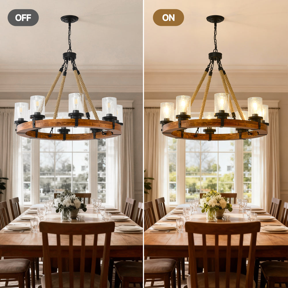 Rustic Wagon Wheel Chandelier | Wood Frame & Seeded Glass, Farmhouse Industrial Pendant — Available in 6/8/12/18-Light
