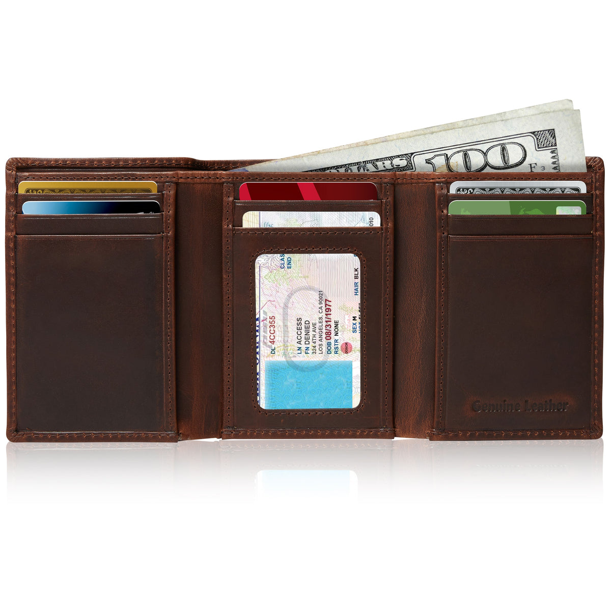 Genuine Leather Trifold Wallet – ID Window, RFID Blocking