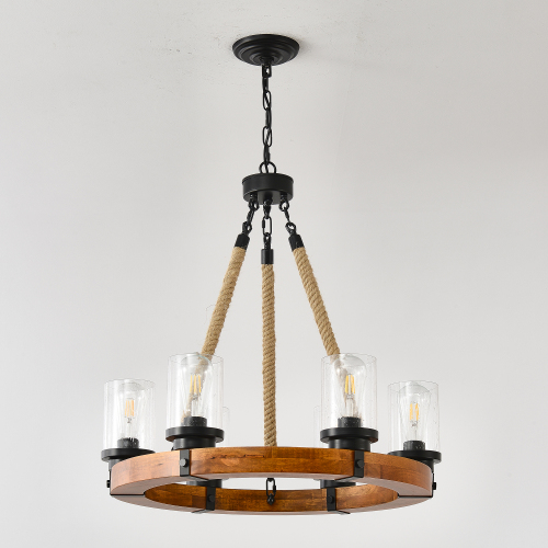 Rustic Wagon Wheel Chandelier | Wood Frame & Seeded Glass, Farmhouse Industrial Pendant — Available in 6/8/12/18-Light