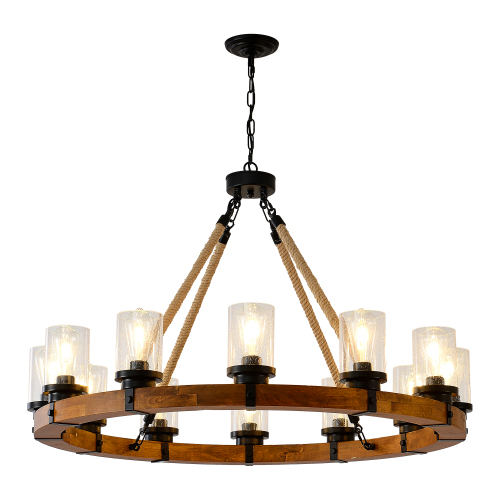 Rustic Wagon Wheel Chandelier | Wood Frame & Seeded Glass, Farmhouse Industrial Pendant — Available in 6/8/12/18-Light