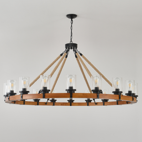 Rustic Wagon Wheel Chandelier | Wood Frame & Seeded Glass, Farmhouse Industrial Pendant — Available in 6/8/12/18-Light