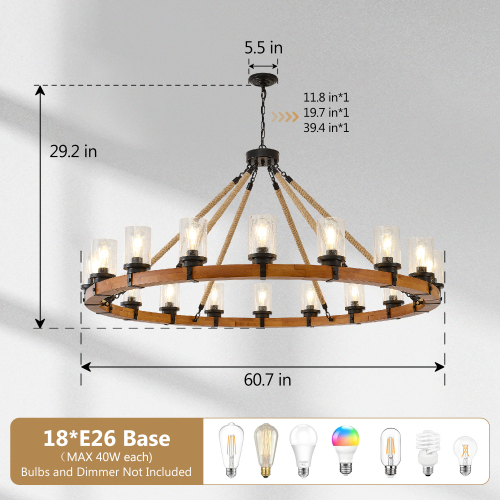 Rustic Wagon Wheel Chandelier | Wood Frame & Seeded Glass, Farmhouse Industrial Pendant — Available in 6/8/12/18-Light