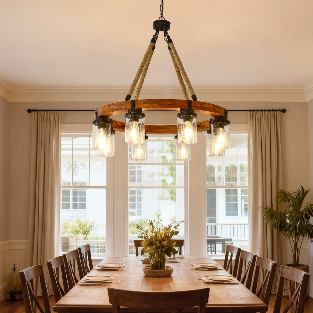 Rustic Wagon Wheel Chandelier | Wood Frame & Seeded Glass, Farmhouse Industrial Pendant — Available in 6/8/12/18-Light