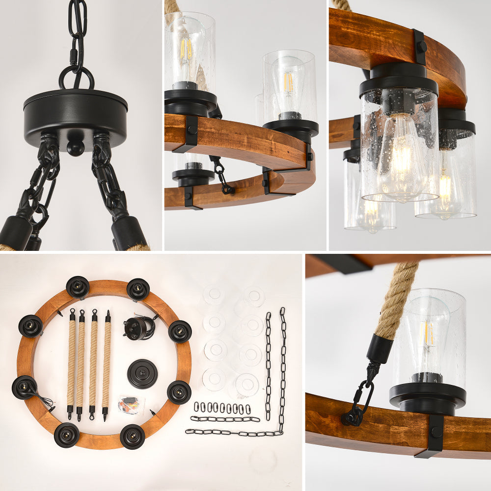 Rustic Wagon Wheel Chandelier | Wood Frame & Seeded Glass, Farmhouse Industrial Pendant — Available in 6/8/12/18-Light