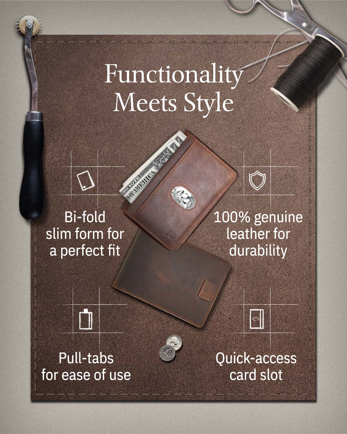 Genuine Leather Slim Bifold Wallet – Pull-Strap Card Access, RFID Blocking