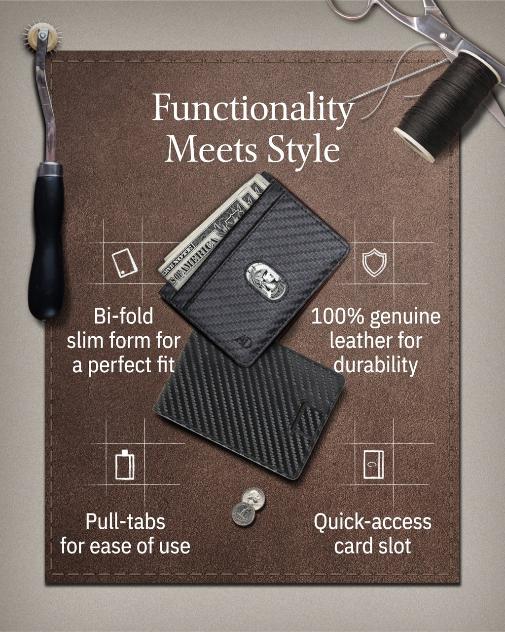 Genuine Leather Slim Bifold Wallet – Pull-Strap Card Access, RFID Blocking