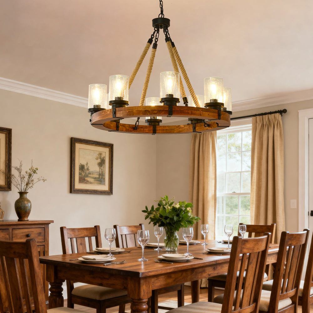 Rustic Wagon Wheel Chandelier | Wood Frame & Seeded Glass, Farmhouse Industrial Pendant — Available in 6/8/12/18-Light