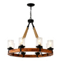 Rustic Wagon Wheel Chandelier | Wood Frame & Seeded Glass, Farmhouse Industrial Pendant — Available in 6/8/12/18-Light