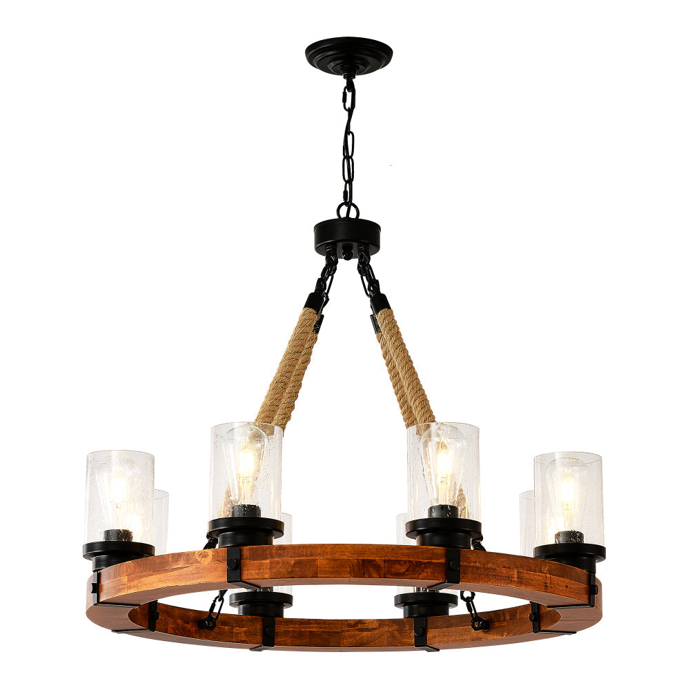 Rustic Wagon Wheel Chandelier | Wood Frame & Seeded Glass, Farmhouse Industrial Pendant — Available in 6/8/12/18-Light