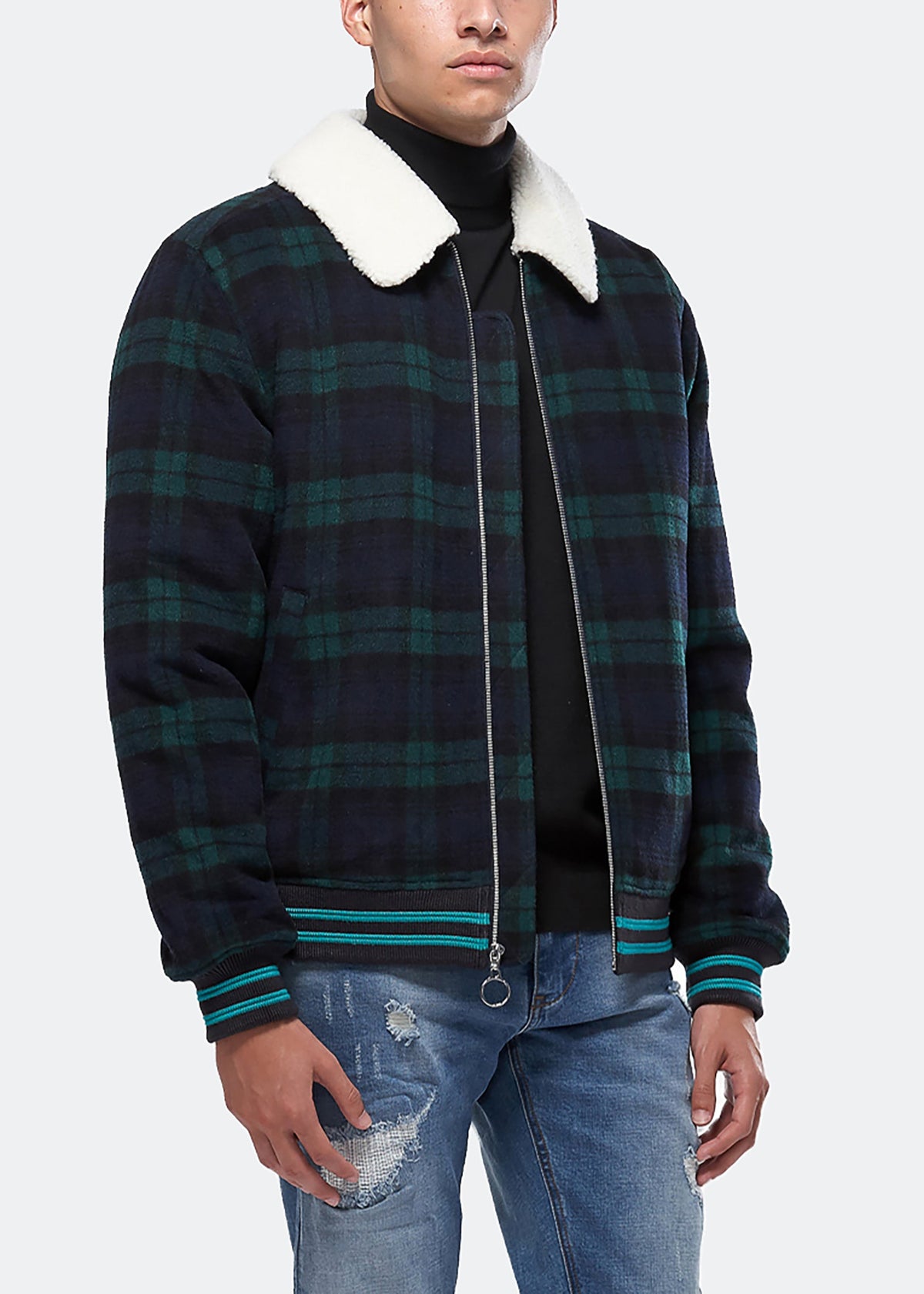 Men's Wool Blend Plaid Jacket with Sherpa Collar in Green - Konus Brand