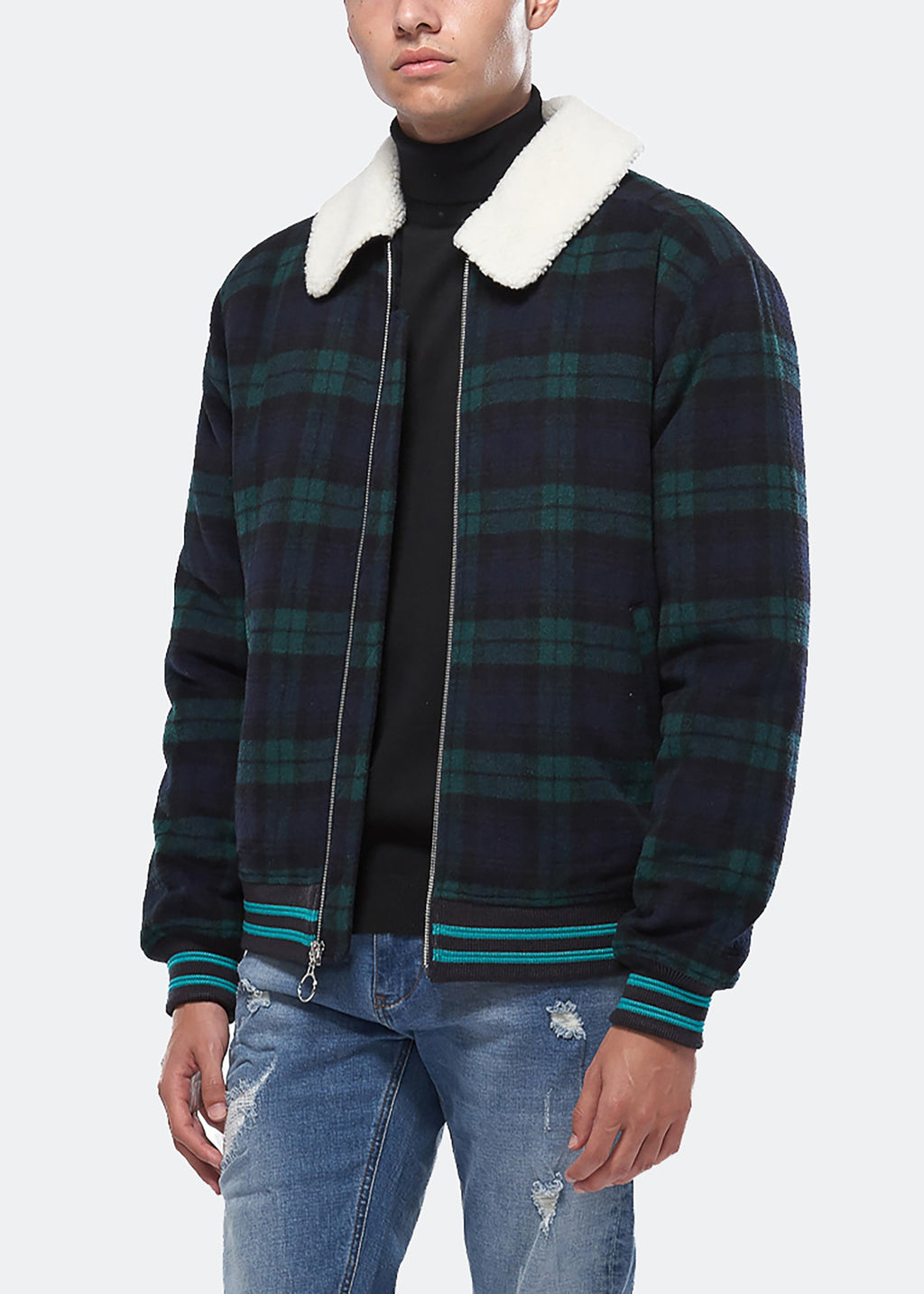 Men's Wool Blend Plaid Jacket with Sherpa Collar in Green - Konus Brand