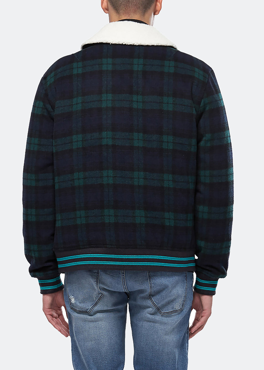 Men's Wool Blend Plaid Jacket with Sherpa Collar in Green - Konus Brand