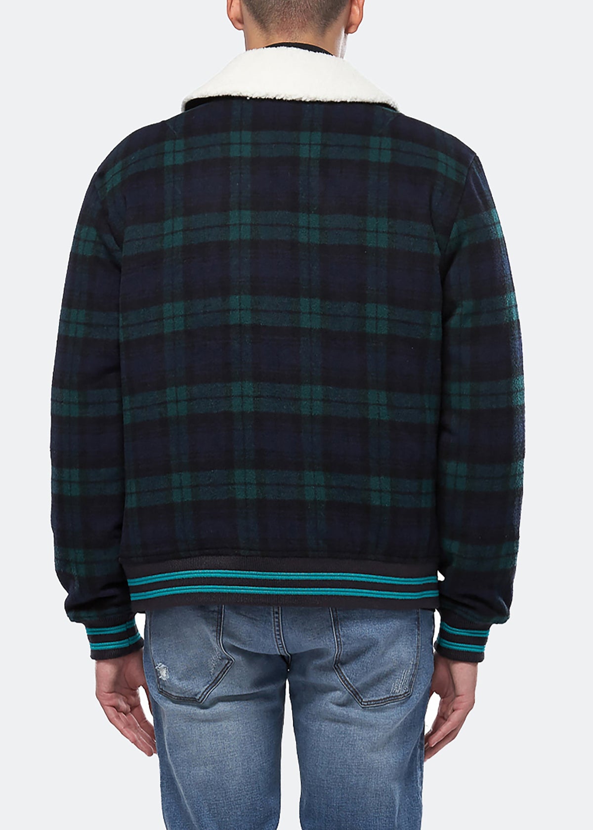 Men's Wool Blend Plaid Jacket with Sherpa Collar in Green - Konus Brand