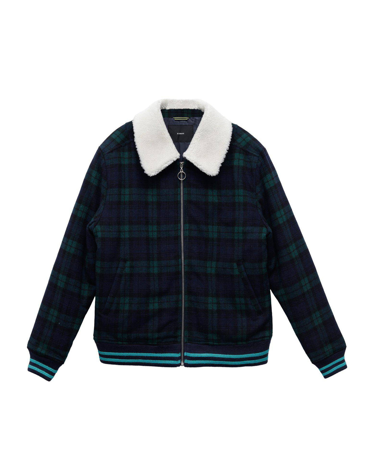 Men's Wool Blend Plaid Jacket with Sherpa Collar in Green - Konus Brand