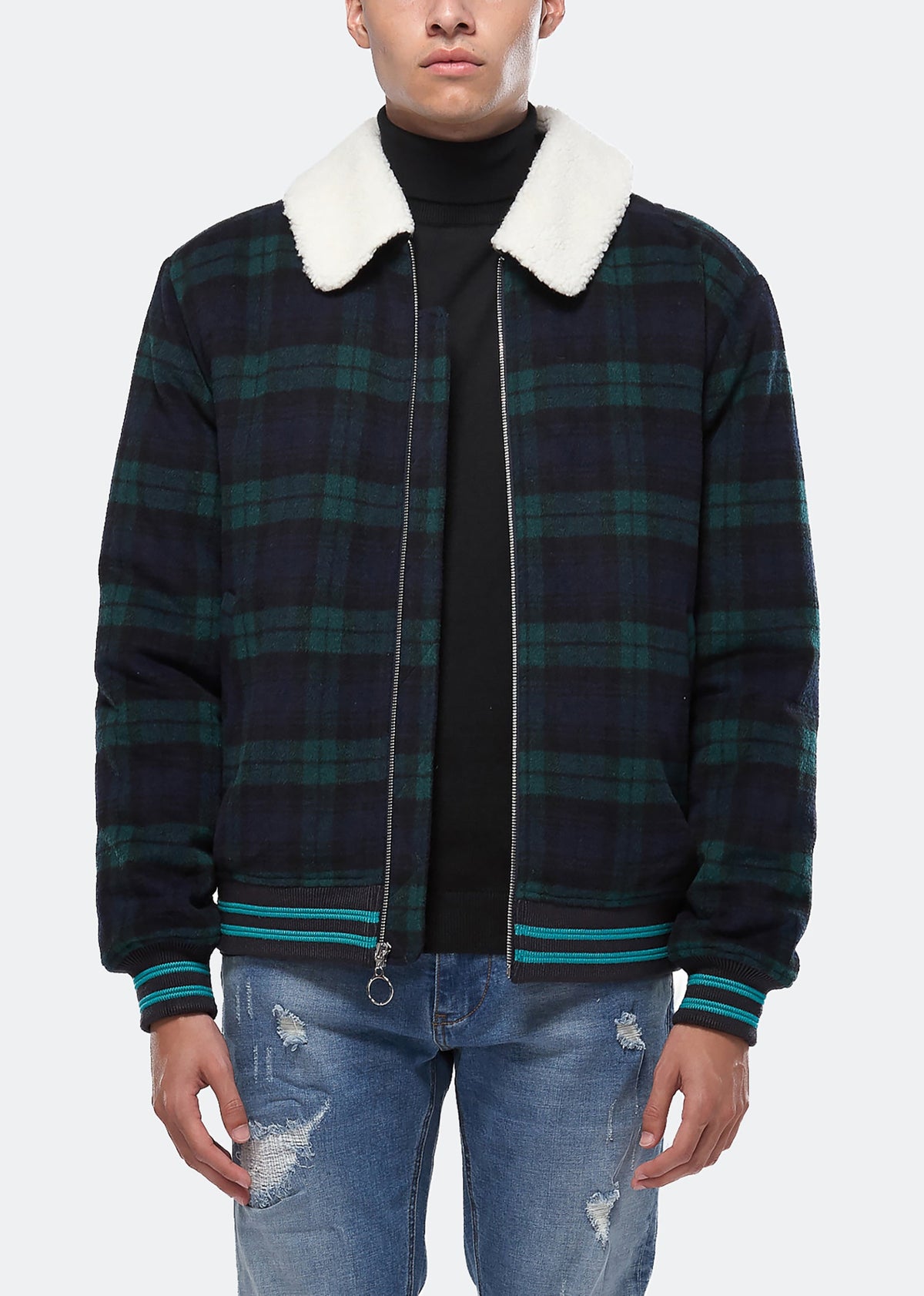 Men's Wool Blend Plaid Jacket with Sherpa Collar in Green - Konus Brand