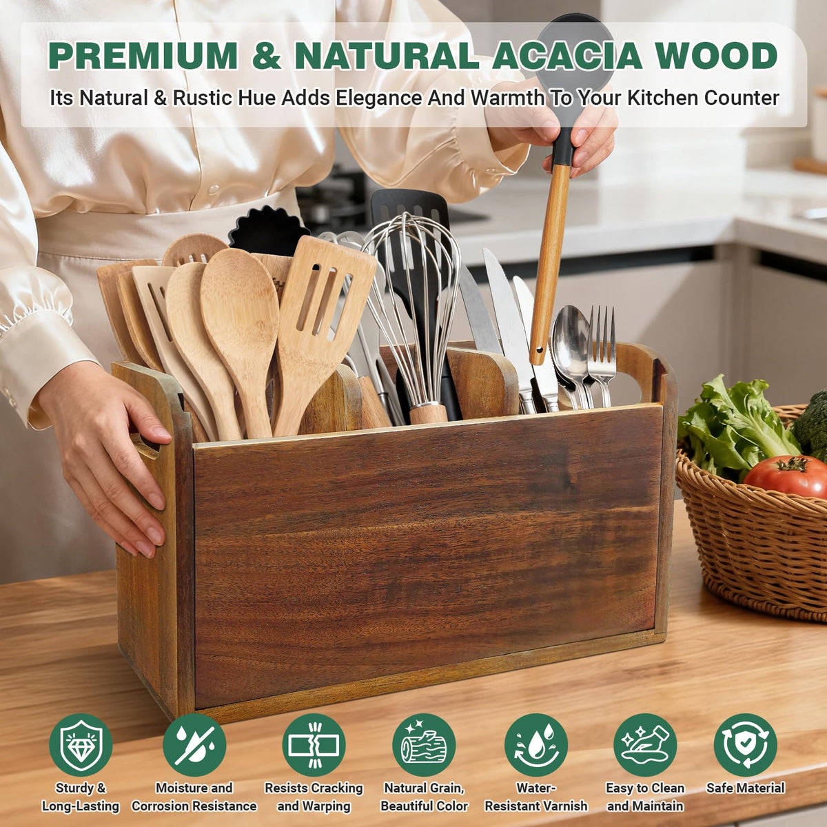 LAGOUPICK Wooden Kitchen Utensil Holder Organizer