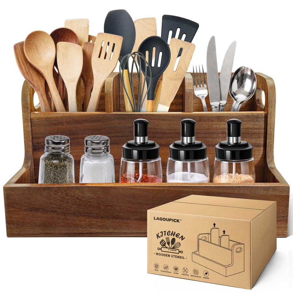 LAGOUPICK Wooden Kitchen Utensil Holder Organizer