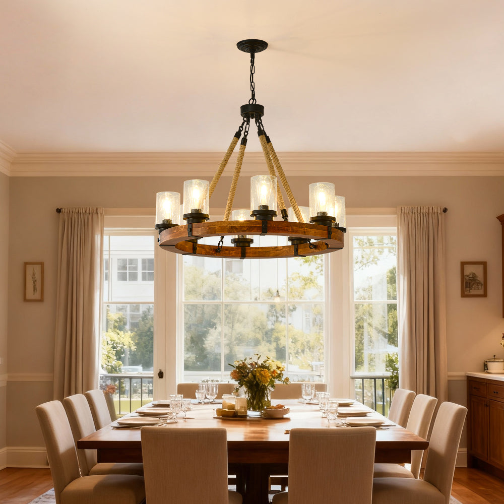 Rustic Wagon Wheel Chandelier | Wood Frame & Seeded Glass, Farmhouse Industrial Pendant — Available in 6/8/12/18-Light