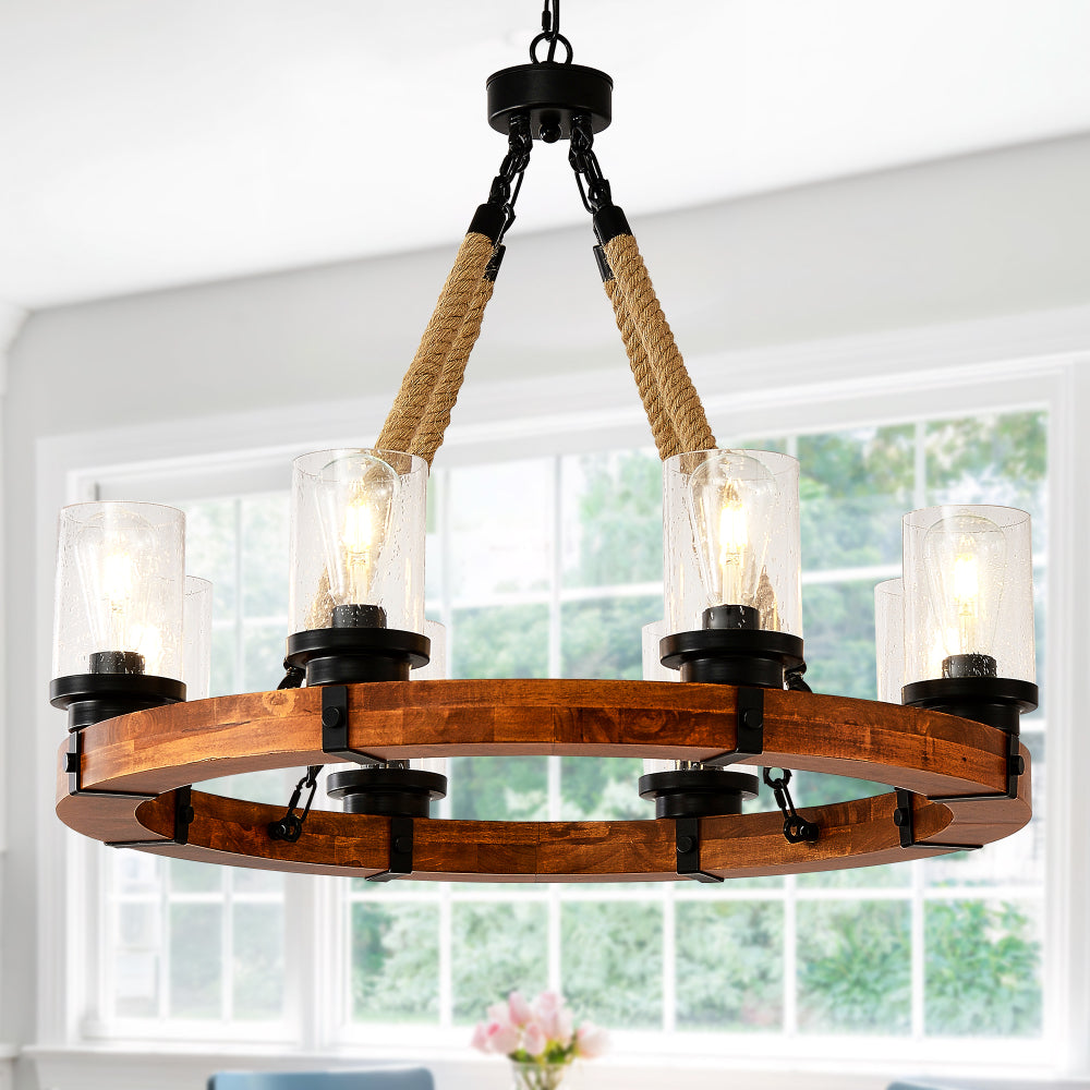 Rustic Wagon Wheel Chandelier | Wood Frame & Seeded Glass, Farmhouse Industrial Pendant — Available in 6/8/12/18-Light