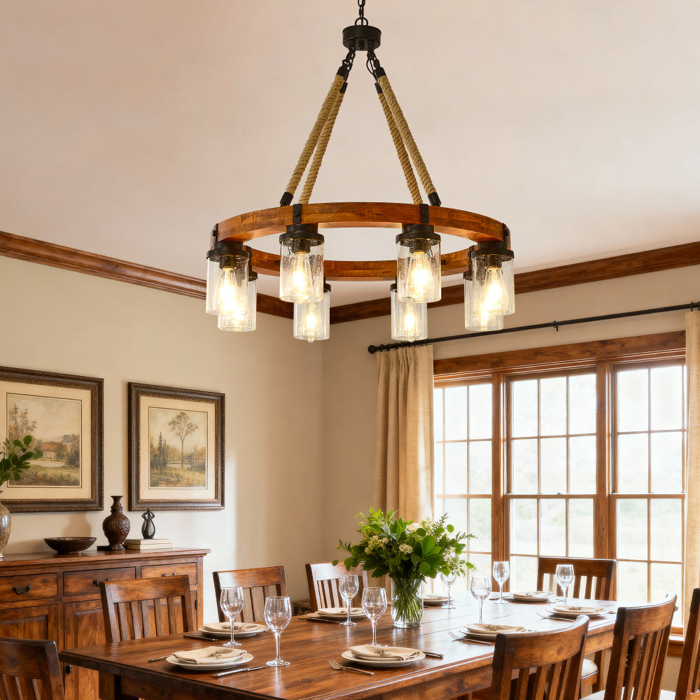 Rustic Wagon Wheel Chandelier | Wood Frame & Seeded Glass, Farmhouse Industrial Pendant — Available in 6/8/12/18-Light
