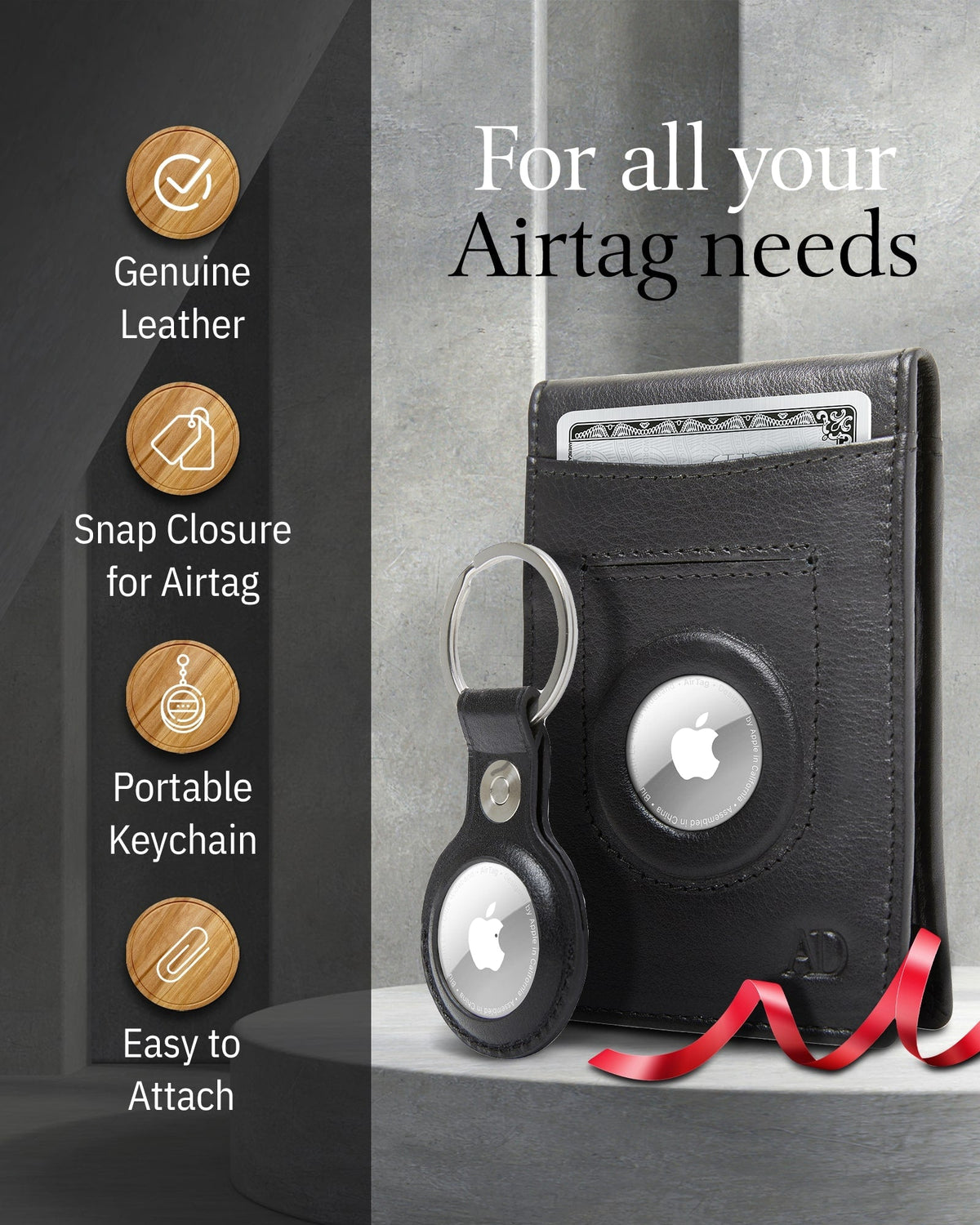 Leather Money Clip Wallet + AirTag Keychain Gift Set – RFID Blocking