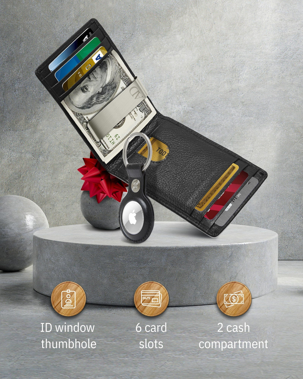 Leather Money Clip Wallet + AirTag Keychain Gift Set – RFID Blocking