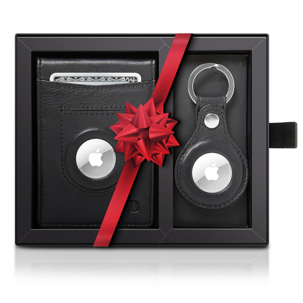 Leather Money Clip Wallet + AirTag Keychain Gift Set – RFID Blocking
