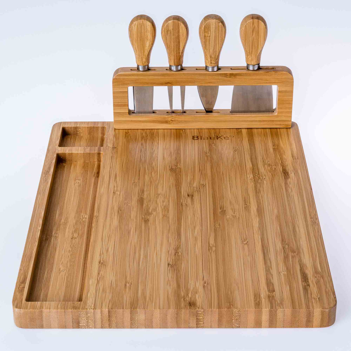 Bamboo Cheese Board and Knife Set - 14x11 inch Charcuterie Board with 4 Cheese Knives - Wood Serving Tray