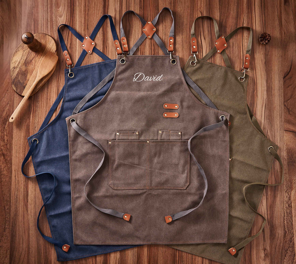 Custom Canvas Apron with Pockets, Personalized Embroidered BBQ, Kitchen, Barista and Workshop Apron