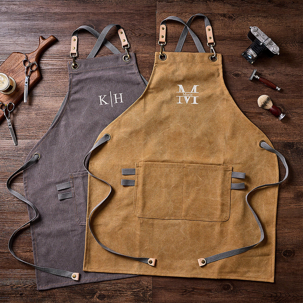 Personalized Canvas Apron for Men, Canvas Aprons with Pockets, Embroidered Kitchen Apron, Barbeque Apron, Bartender Apron, Chef Apron