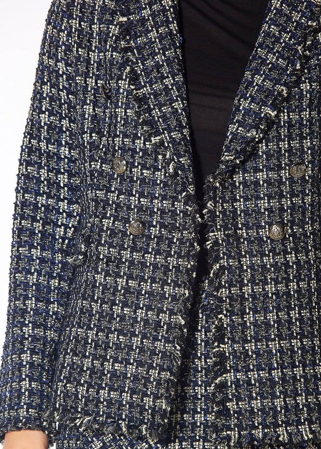 Pleione Women's Tweed Fringe Hem Blazer Jacket in Navy Tweed
