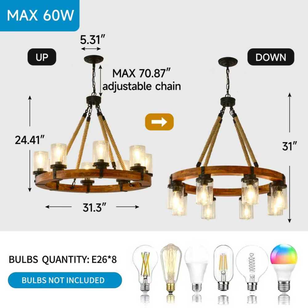 Rustic Wagon Wheel Chandelier | Wood Frame & Seeded Glass, Farmhouse Industrial Pendant — Available in 6/8/12/18-Light