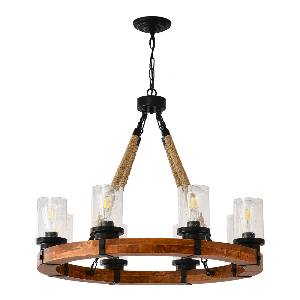 Rustic Wagon Wheel Chandelier | Wood Frame & Seeded Glass, Farmhouse Industrial Pendant — Available in 6/8/12/18-Light